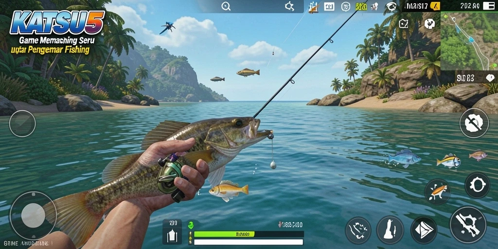 Tampilan gameplay KATSU5 yang menakjubkan saat memancing di danau.