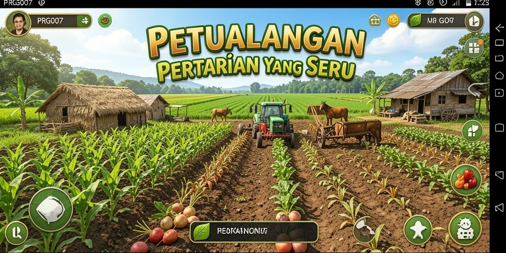 Screenshot gameplay PRG007 menunjukkan aktivitas bertani yang seru.