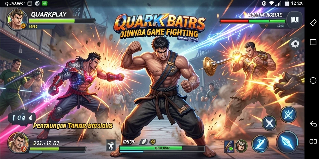 Screenshot QUARKPLAY menampilkan aksi pertarungan mendebarkan di arena yang dinamis.